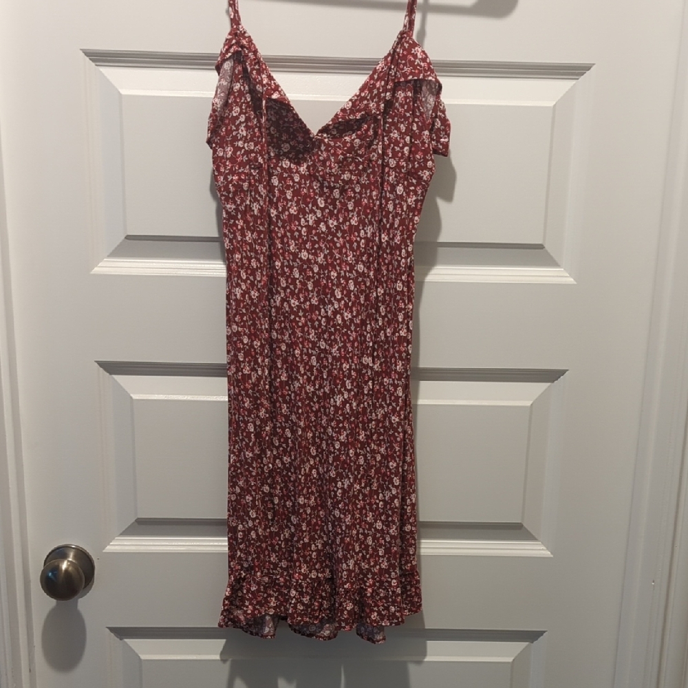 Sky and Sparrow Maroon With Flower Design Midi Sundress Spaghetti Strap